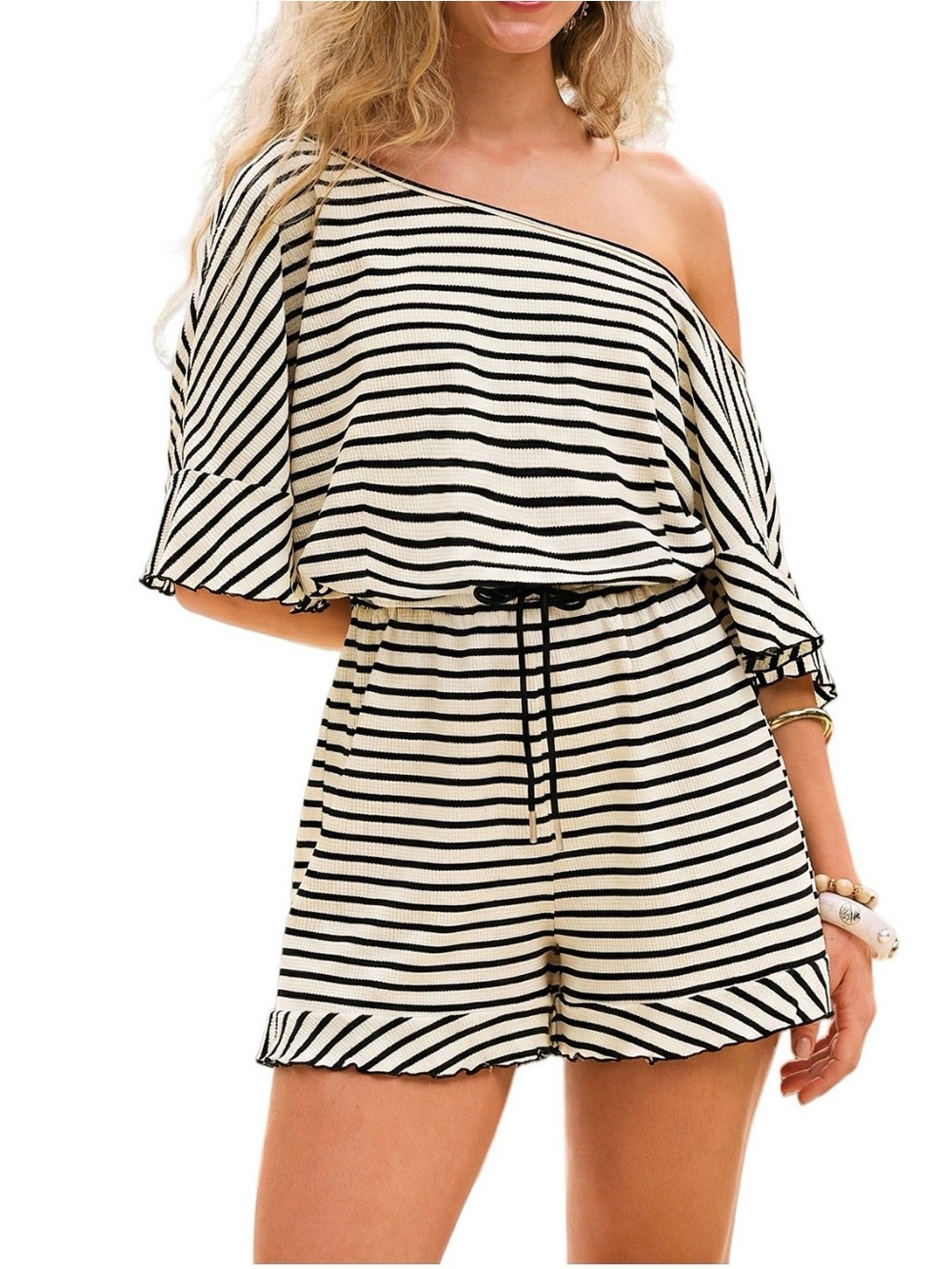 Cupshe Cream & Black One-Shoulder Striped Romper
